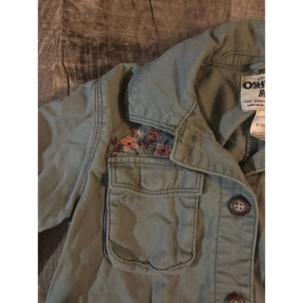 OshKosh Bgosh Girls‎ Olive Green Utility Field Jacket Floral Embroidery Size 8
